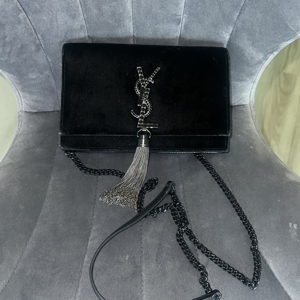 Yves Saint Laurent Black Velvet Tassel Clutch